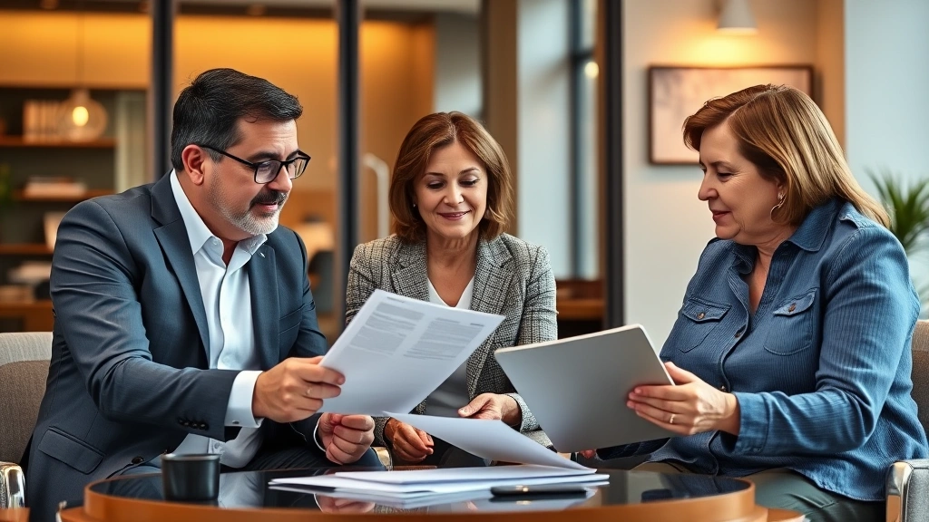 Professional financial advisor meeting with mature clients in modern office setting, reviewing documents together, warm lighting, genuine conversation atmosphere, high-net-worth individuals