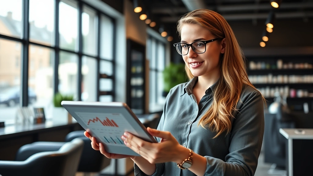 Professional salon owner reviewing business metrics and revenue charts on tablet, modern salon interior, natural lighting, confident expression, business casual attire