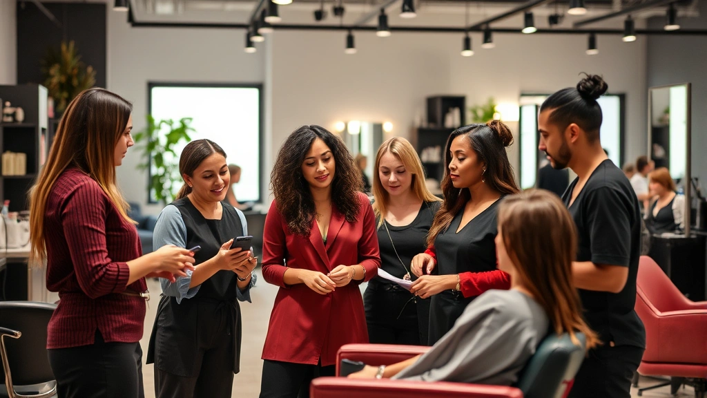 Diverse team of salon professionals collaborating and discussing client care strategies in modern salon environment, inclusive workplace, contemporary design, positive energy