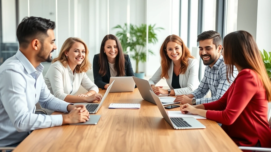 Professional team members collaborating at modern conference table with laptops and notebooks, diverse group engaged in positive discussion, natural office lighting, genuine smiles and body language indicating positive engagement