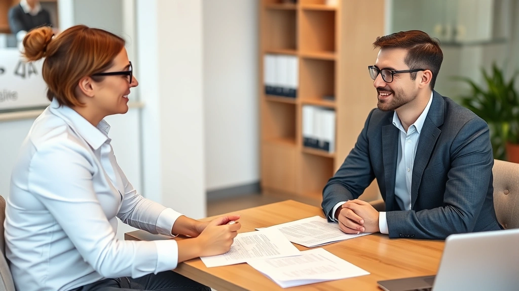 Manager conducting one-on-one meeting with employee in comfortable office setting, both seated at desk with relaxed posture, papers and laptop visible, warm professional atmosphere demonstrating active listening and supportive conversation