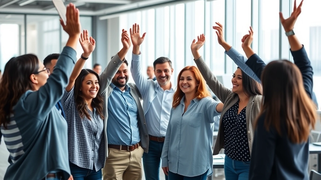Diverse group of employees celebrating achievement together in modern office space, raising hands in celebration, visible joy and camaraderie, colleagues in background also engaged and smiling, natural daylight from large windows
