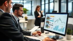 Professional real estate agent conducting market analysis with multiple property listings and demographic data on computer screen in modern office environment with colleagues collaborating in background