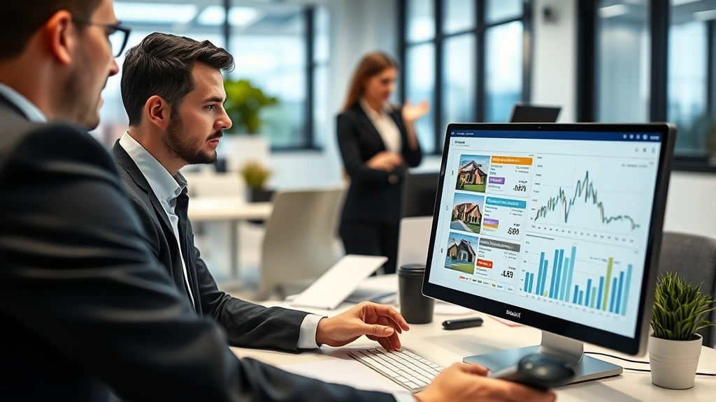 Professional real estate agent conducting market analysis with multiple property listings and demographic data on computer screen in modern office environment with colleagues collaborating in background