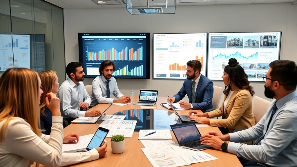 Diverse team of real estate professionals in conference room reviewing market trends and property portfolios using digital displays and analytical tools during strategic planning session