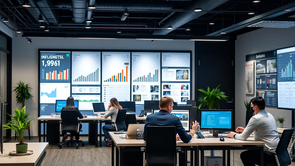 Modern real estate office with agents working at desks using advanced technology platforms, client consultation areas, and market analysis displays showcasing organizational infrastructure and professional environment