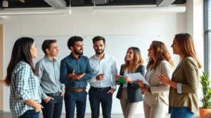 Modern diverse business team in casual collaborative workspace brainstorming together with whiteboards visible in background, energetic creative atmosphere, professional attire, natural lighting, mid-conversation body language