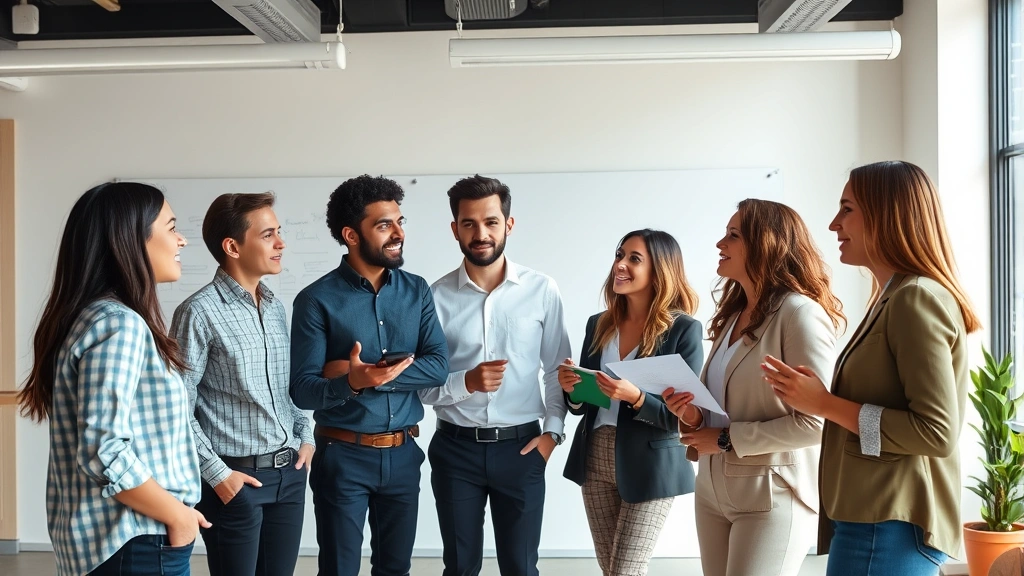 Modern diverse business team in casual collaborative workspace brainstorming together with whiteboards visible in background, energetic creative atmosphere, professional attire, natural lighting, mid-conversation body language