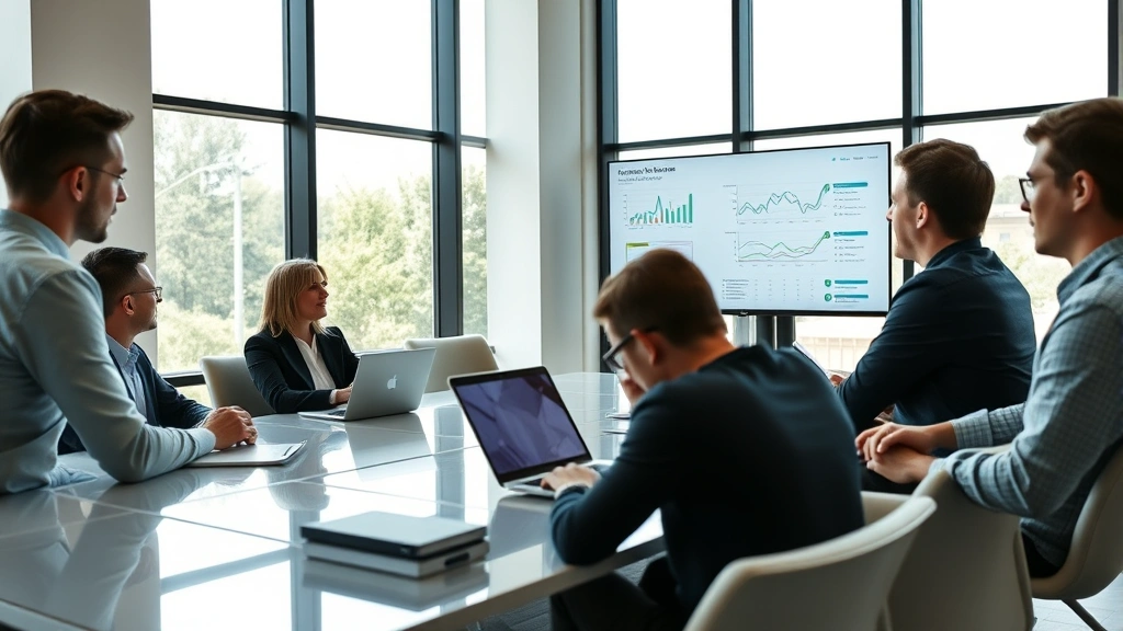 Executive team meeting in minimalist conference room with large windows, multiple professionals reviewing analytics dashboards on screens, focused expressions, contemporary furniture, bright natural light, laptops and tablets visible