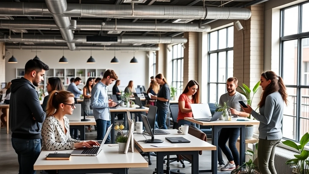 Young professionals in startup office environment working at standing desks, diverse group with laptops and mobile devices, collaborative open layout, modern industrial design, natural daylight from large windows, productive engaged atmosphere
