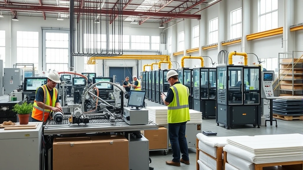 Professional manufacturing facility with advanced sustainable production equipment, workers in safety gear operating modern machinery, natural lighting from large windows, clean organized workspace with eco-friendly materials visible, corporate manufacturing environment