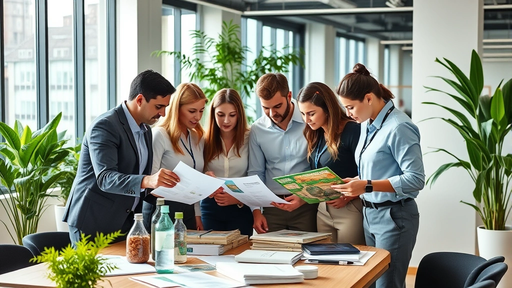 Diverse team of business professionals in modern office collaborating around sustainable product samples, reviewing materials and sustainability certifications, professional casual attire, natural daylight, contemporary workspace with green plants