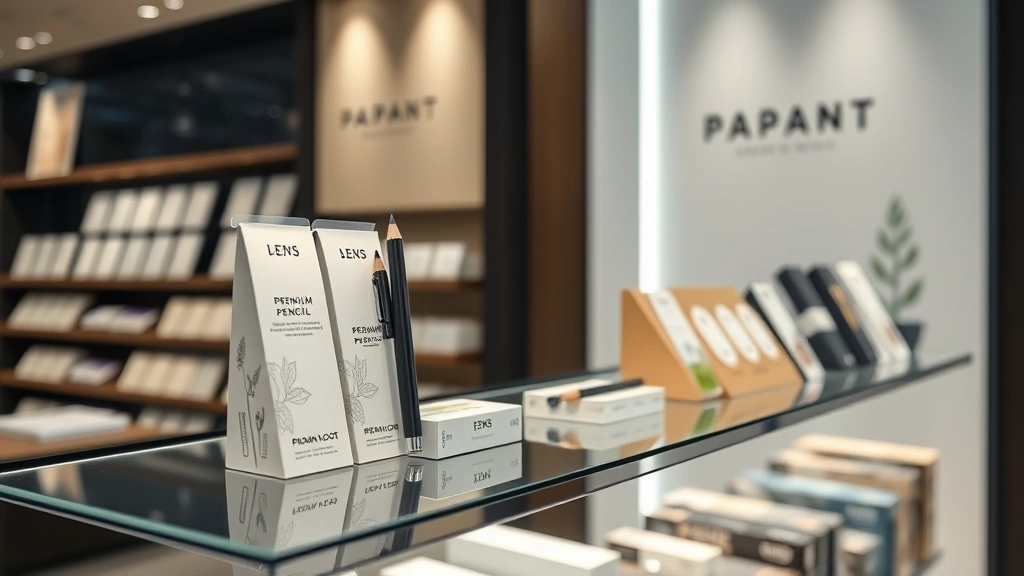 Premium pencil product display on luxury retail shelf with sustainable packaging, eco-friendly materials visible, professional product photography lighting, minimalist modern design aesthetic, corporate retail environment