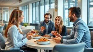 Professional business team enjoying pretzel snacks during corporate meeting in modern office break room with contemporary furniture and natural lighting