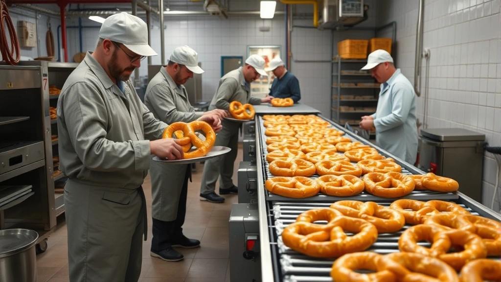 Artisanal pretzel production facility showing skilled workers handling freshly baked pretzels on production line with stainless steel equipment