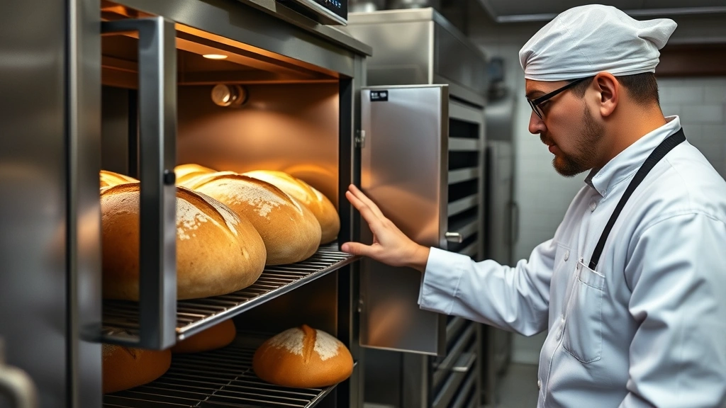 Professional baker in commercial kitchen checking sourdough loaves in fermentation chamber, temperature-controlled environment, industrial bakery setting, natural lighting, focus on quality control