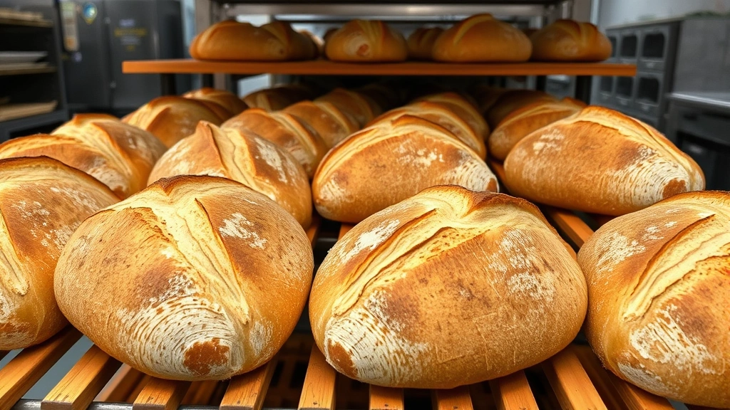 Artisanal sourdough loaves cooling on wooden racks in professional bakery, golden-brown crusts with scoring marks, commercial production environment, clean modern facility