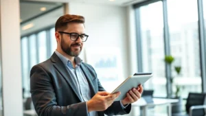 Professional business executive reviewing growth metrics on digital tablet in modern corporate office, confident expression, natural lighting, contemporary workspace with minimalist design