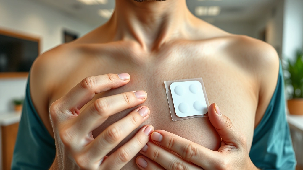 Close-up of innovative transdermal patch technology being applied to human skin, clinical yet welcoming setting, hands demonstrating product application, modern healthcare environment