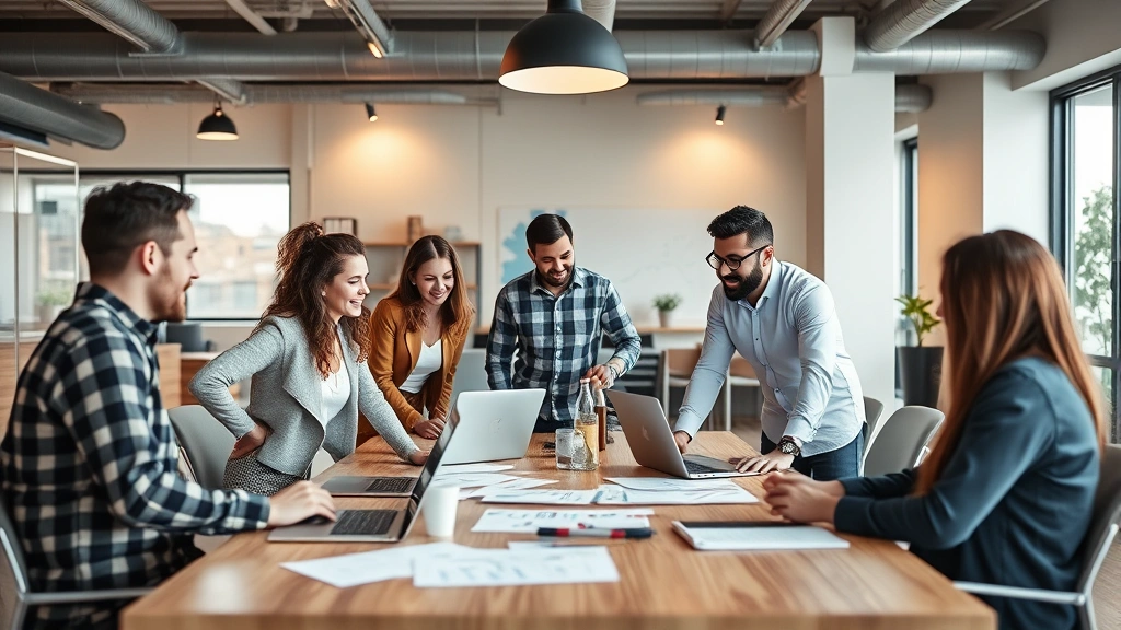 Diverse team collaborating in contemporary startup office space, discussing business strategy around conference table with laptops and charts visible, energetic and professional atmosphere