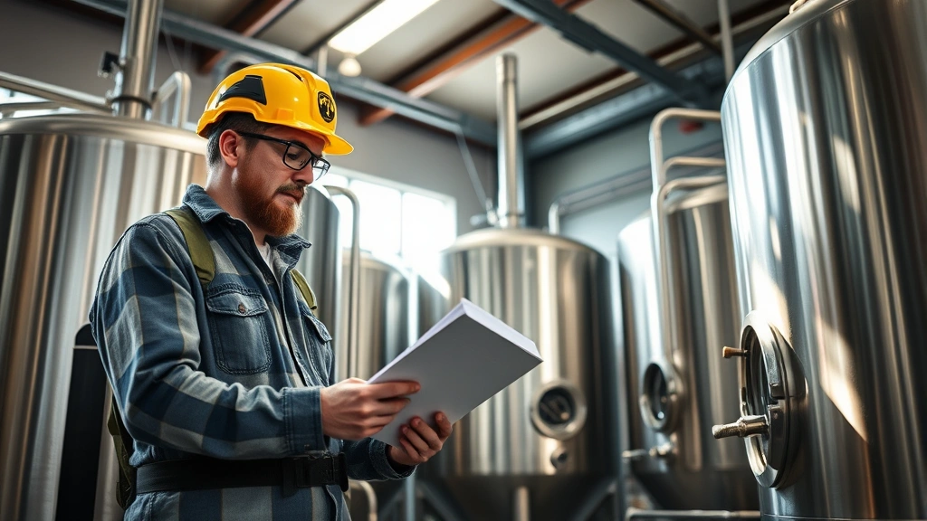 Professional brewery owner reviewing production logs at a stainless steel fermentation tank in a modern craft brewery facility, wearing safety equipment, natural daylight streaming through industrial windows