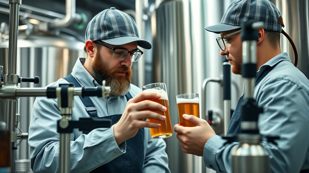 Master brewer in full brewing gear conducting quality control testing with laboratory equipment, examining beer sample in professional brewery lab environment with precise instruments