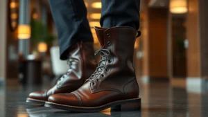Professional businessman wearing premium leather Thursday Boots in an upscale office setting, close-up on boot quality and craftsmanship, warm lighting highlighting leather patina