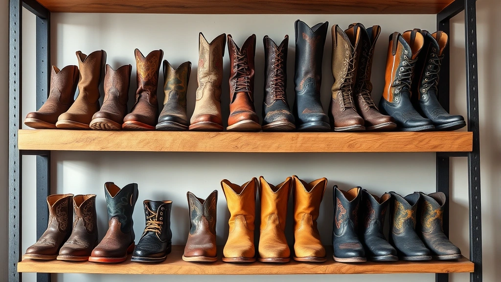 Organized display of various Thursday Boot styles arranged on wooden shelf with different colors and designs, showing collection diversity, natural studio lighting