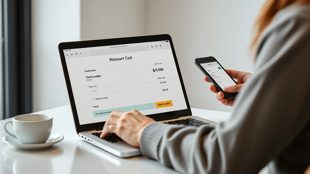 Customer at checkout on laptop or mobile device with discount code applied, showing savings calculation, modern minimalist setting with coffee cup nearby