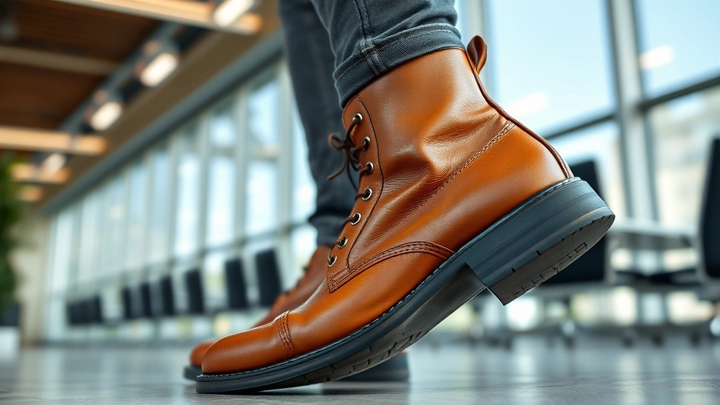 Professional male wearing premium tan leather boots with visible patina in modern office environment, natural daylight, confident posture, detailed boot stitching visible