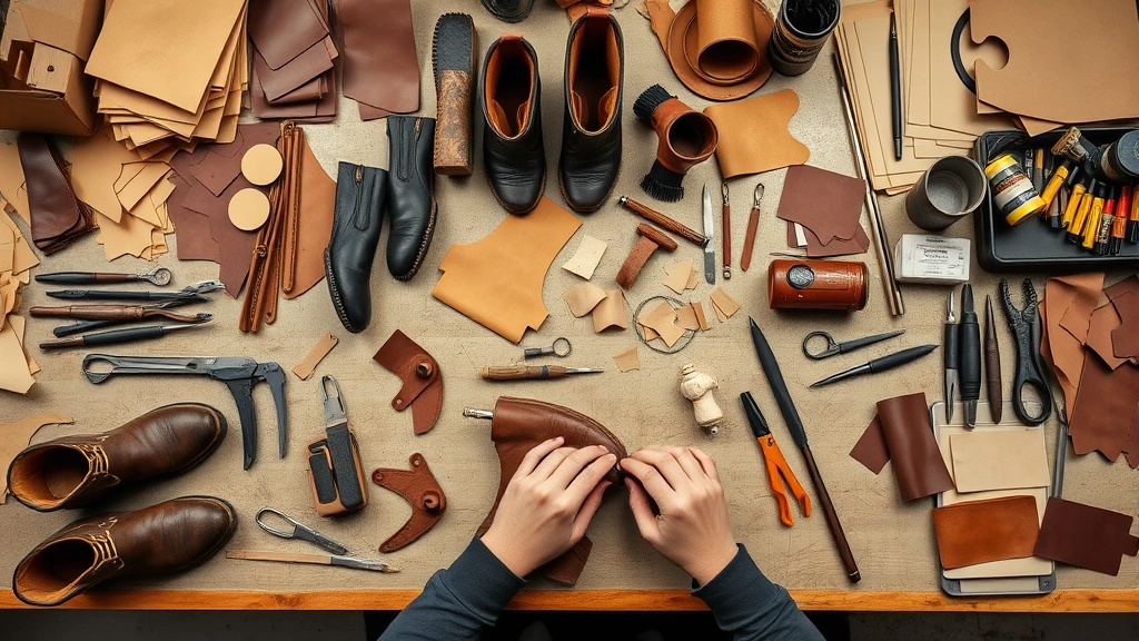 Overhead shot of organized boot manufacturing workstation with leather pieces, crafting tools, and quality control materials, skilled hands performing assembly work