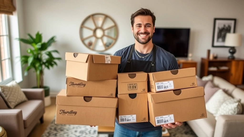 Customer holding multiple Thursday Boot Company boxes in contemporary living room, satisfied expression, lifestyle-focused imagery showing product quality and packaging