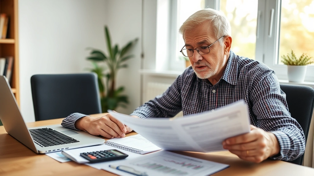 Senior adult reviewing healthcare documents and insurance paperwork at home office desk with laptop and calculator, natural lighting from window, professional serious expression analyzing coverage options