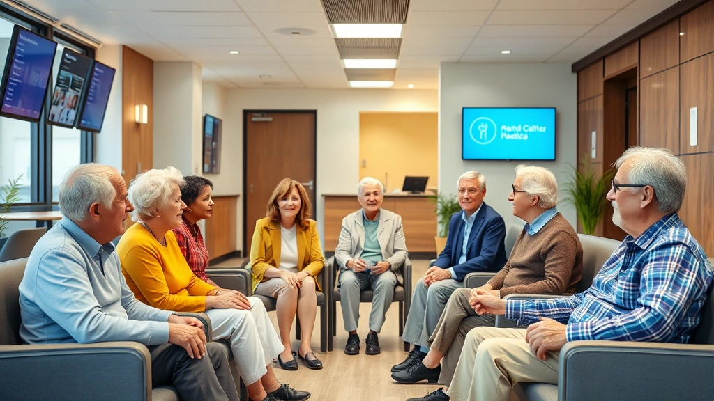 Diverse group of elderly people in modern medical clinic waiting room having conversation, professional healthcare environment with comfortable seating, digital display boards showing health information, warm welcoming atmosphere