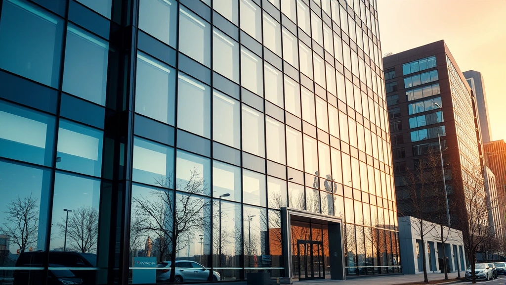 Modern glass office building exterior with contemporary architecture, shot during golden hour, downtown business district, professional corporate environment