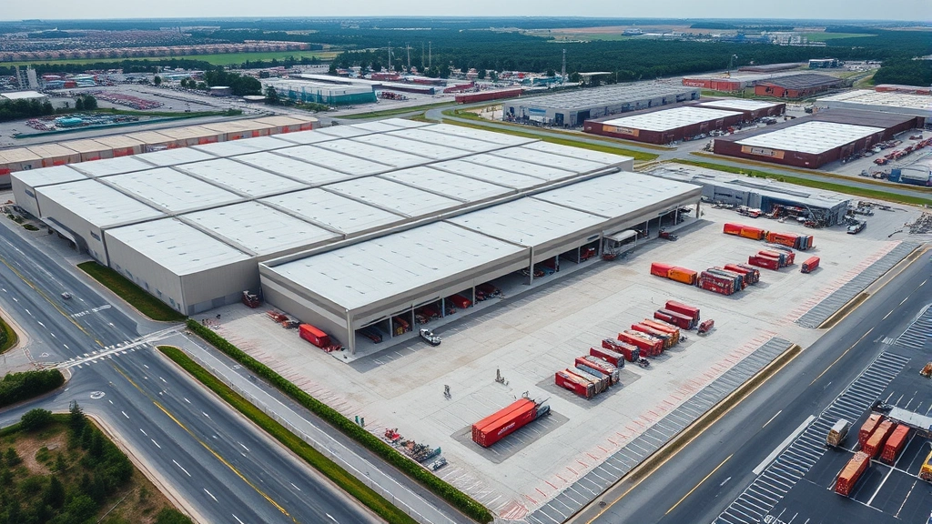 Aerial view of large industrial warehouse and logistics facility complex with multiple loading docks, shipping containers, and distribution center operations