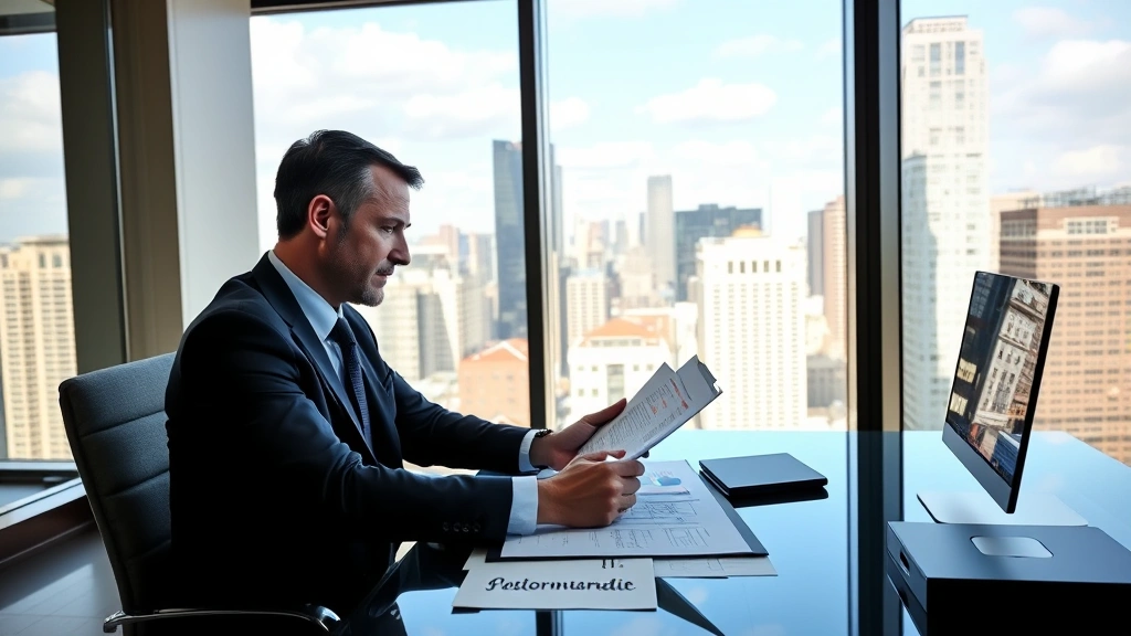 Professional businessman reviewing property portfolio documents at executive desk with city skyline visible through floor-to-ceiling windows, corporate real estate office