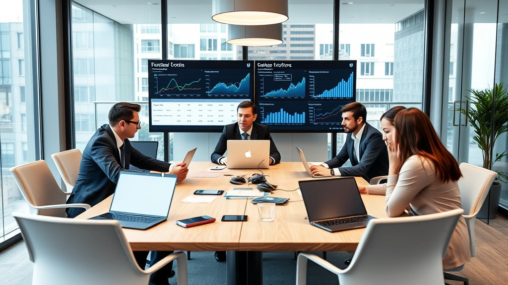 Professional business team in modern London office collaborating at conference table with laptops and analytics displays, discussing digital strategy and SEO metrics