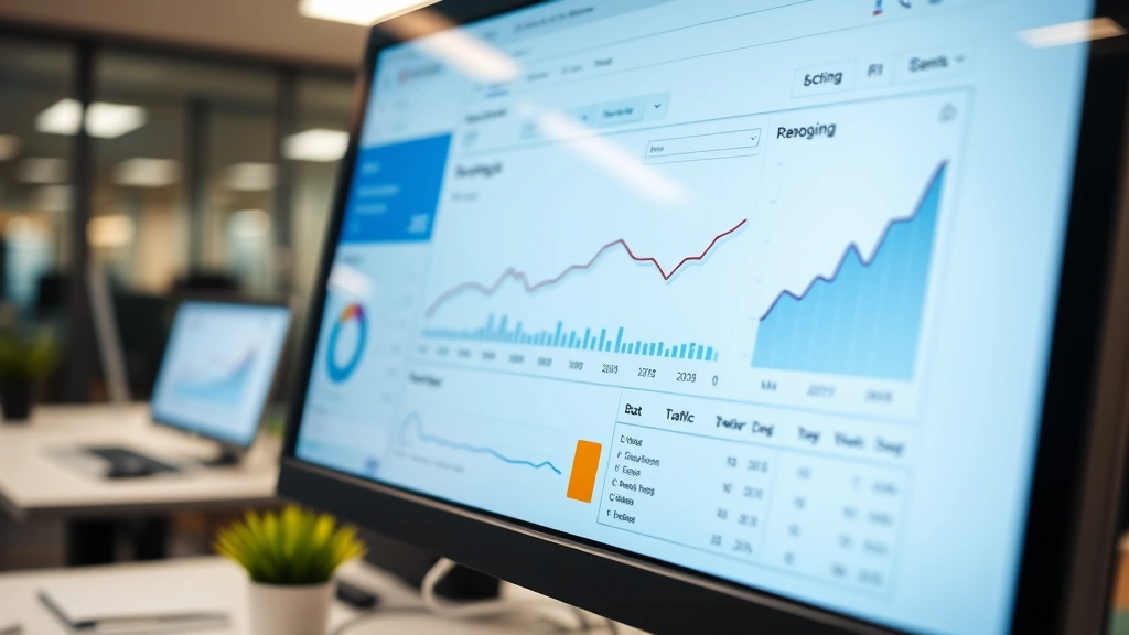 Close-up of computer screen showing Google Analytics dashboard with organic traffic growth charts and performance metrics in corporate office environment
