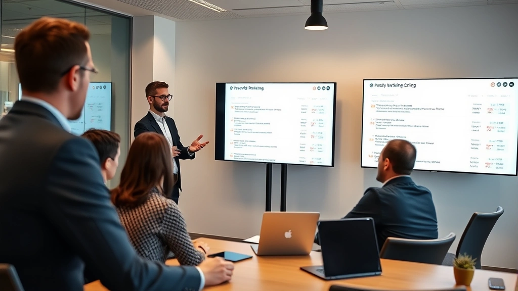 Senior marketing director presenting SEO strategy results to stakeholder group in contemporary UK office setting with digital displays showing keyword rankings and organic visibility improvements