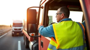 Professional towing truck operator in safety vest performing vehicle recovery on highway, daylight, focused and competent, realistic photography