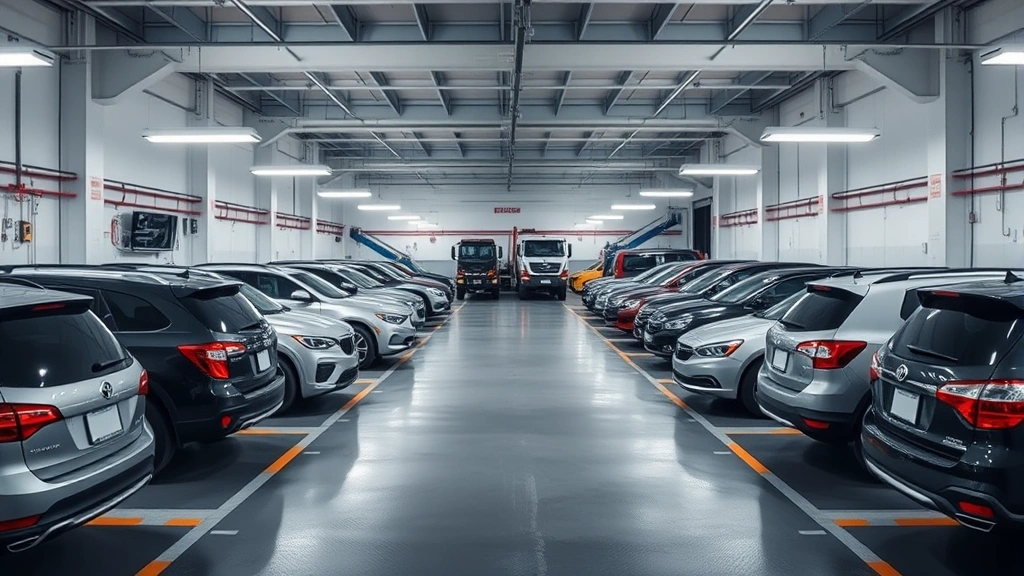 Organized indoor towing facility with multiple vehicles stored in rows, proper lighting and security infrastructure, professional storage management