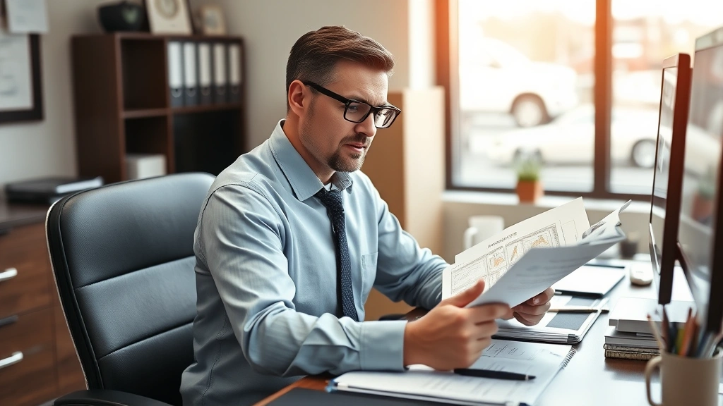 Towing company office manager reviewing insurance documents and fleet records at desk with computer, professional business setting, concentrated work environment