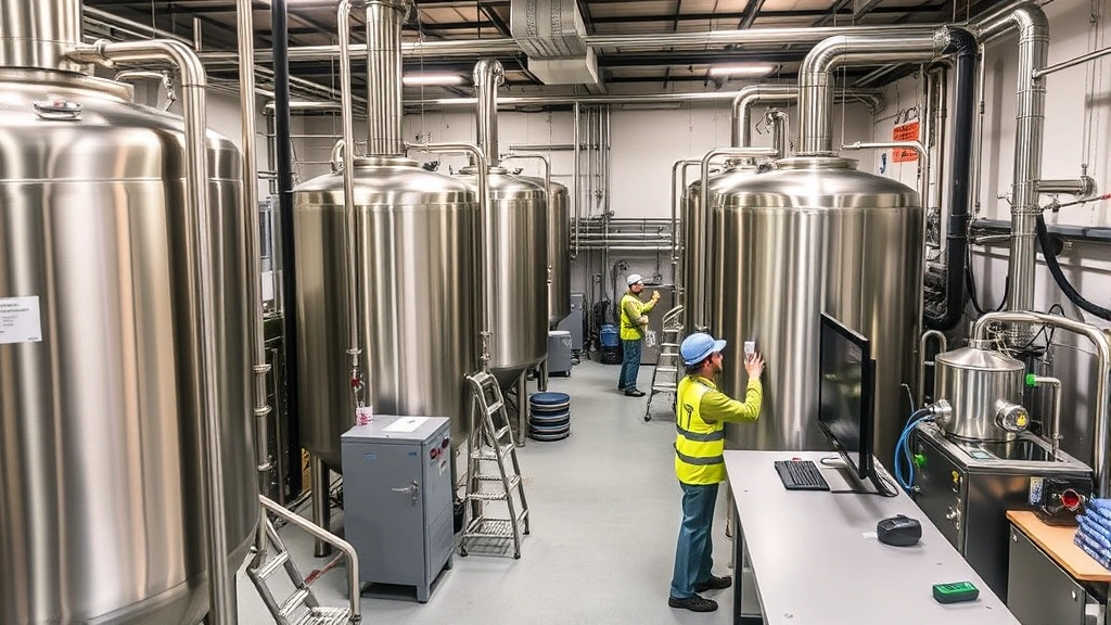 State-of-the-art production floor featuring large stainless steel fermentation vessels, digital monitoring systems, quality control laboratory equipment, and workers in safety gear conducting precision brewing operations