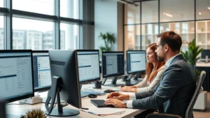 Professional team of multilingual translators working in modern office environment with computer monitors displaying translation software interfaces and language reference materials