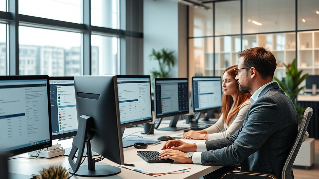 Professional team of multilingual translators working in modern office environment with computer monitors displaying translation software interfaces and language reference materials
