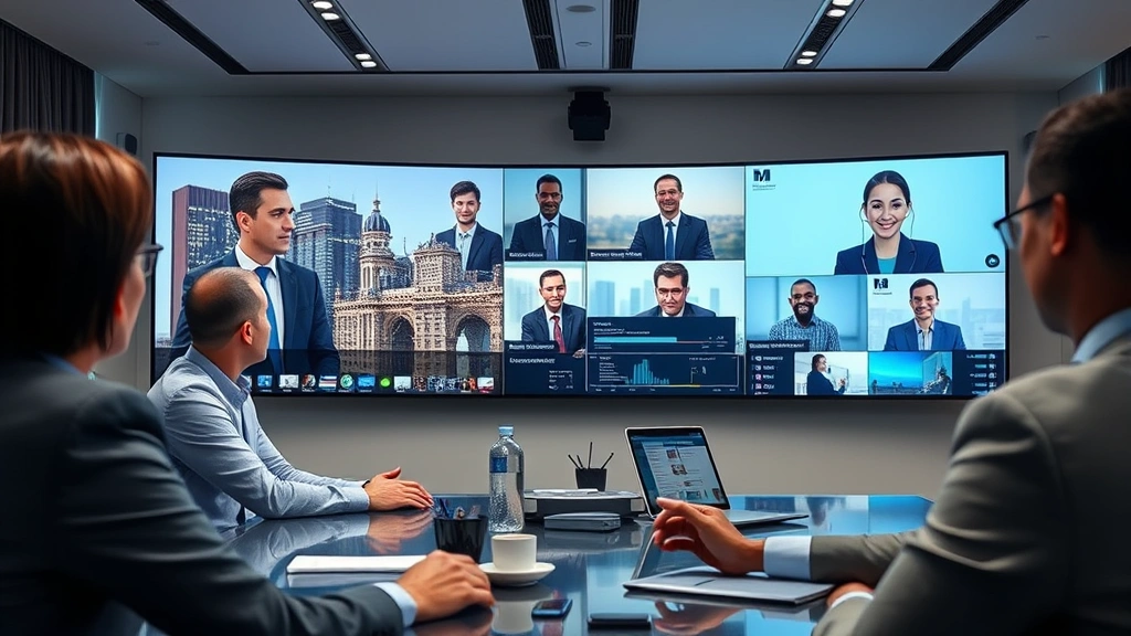 Business executives conducting international conference call with real-time translation technology visible on screens, representing global communication and localization services