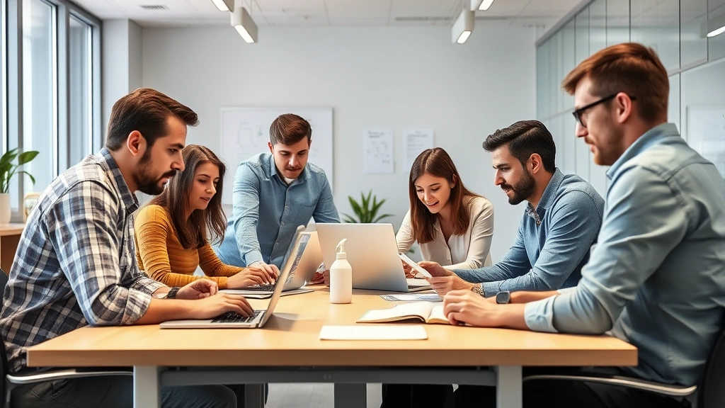 Diverse group of professional translators collaborating in contemporary workspace with terminology databases, translation memory systems, and quality assurance documentation visible