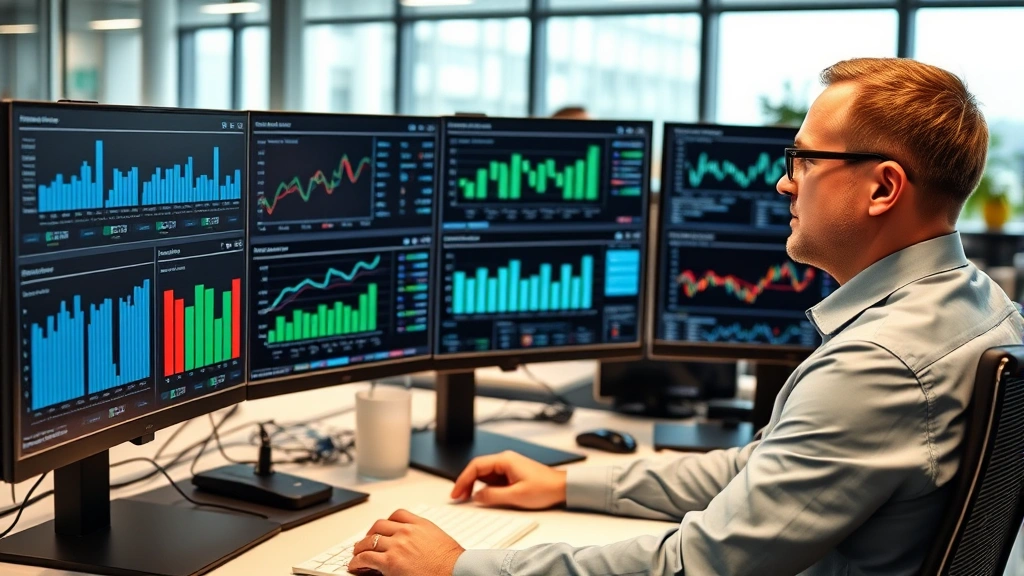 Professional business executive reviewing financial dashboards and performance metrics on multiple computer monitors in modern corporate office setting, wearing business attire, focused analytical expression