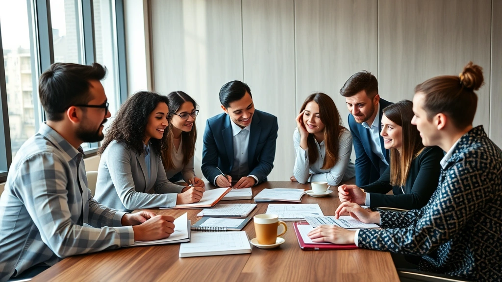 Diverse team of business professionals in conference room collaborating on strategic planning with notebooks and coffee, natural window lighting, energetic collaborative atmosphere
